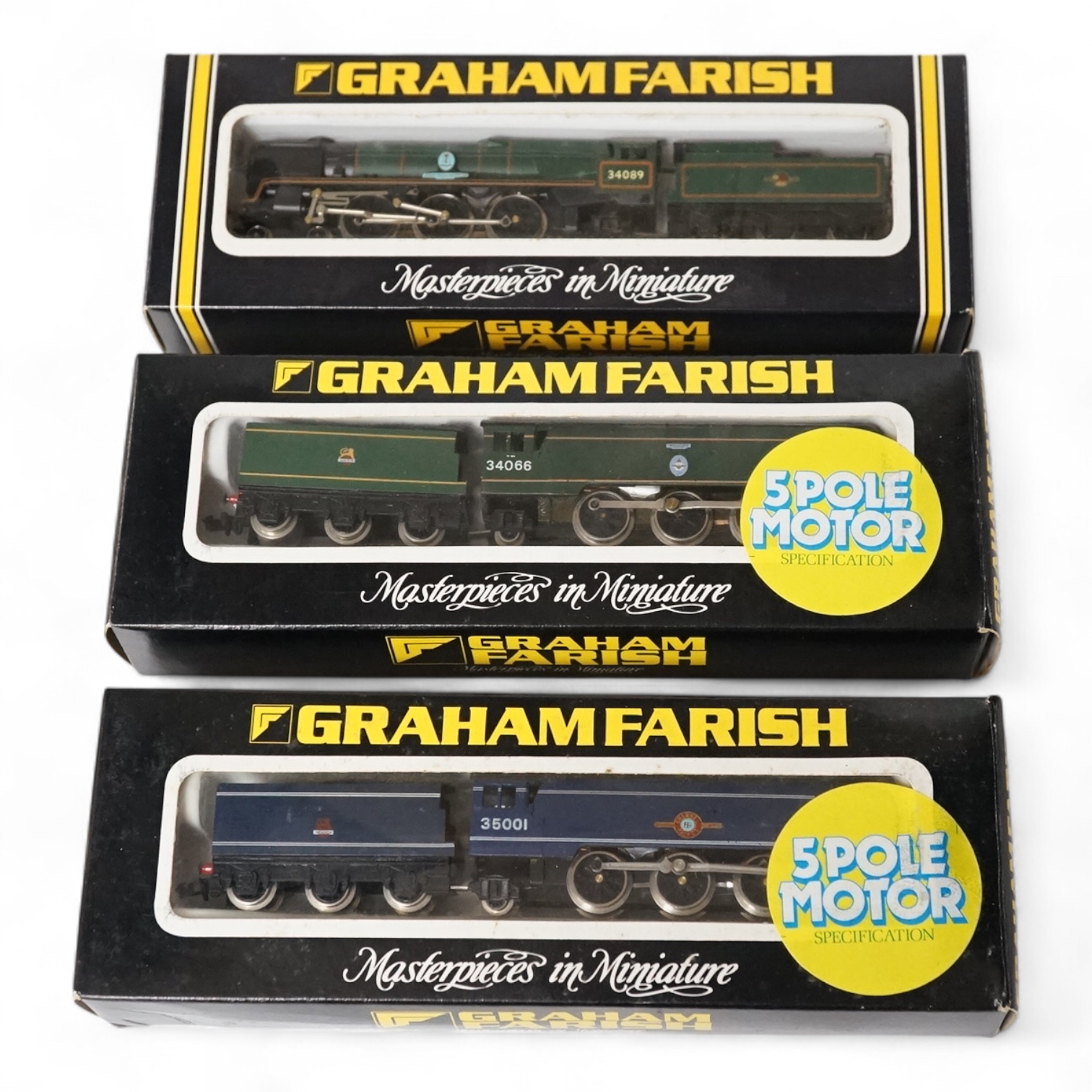 Three boxed Graham Farish N gauge railway BR locomotives; Rebuilt Battle of Britain Class 602 Squadron, 34089 (1515), battle of Britain Class 34066 (1505) and Merchant Navy Class 35001 (1507). Condition - good.
